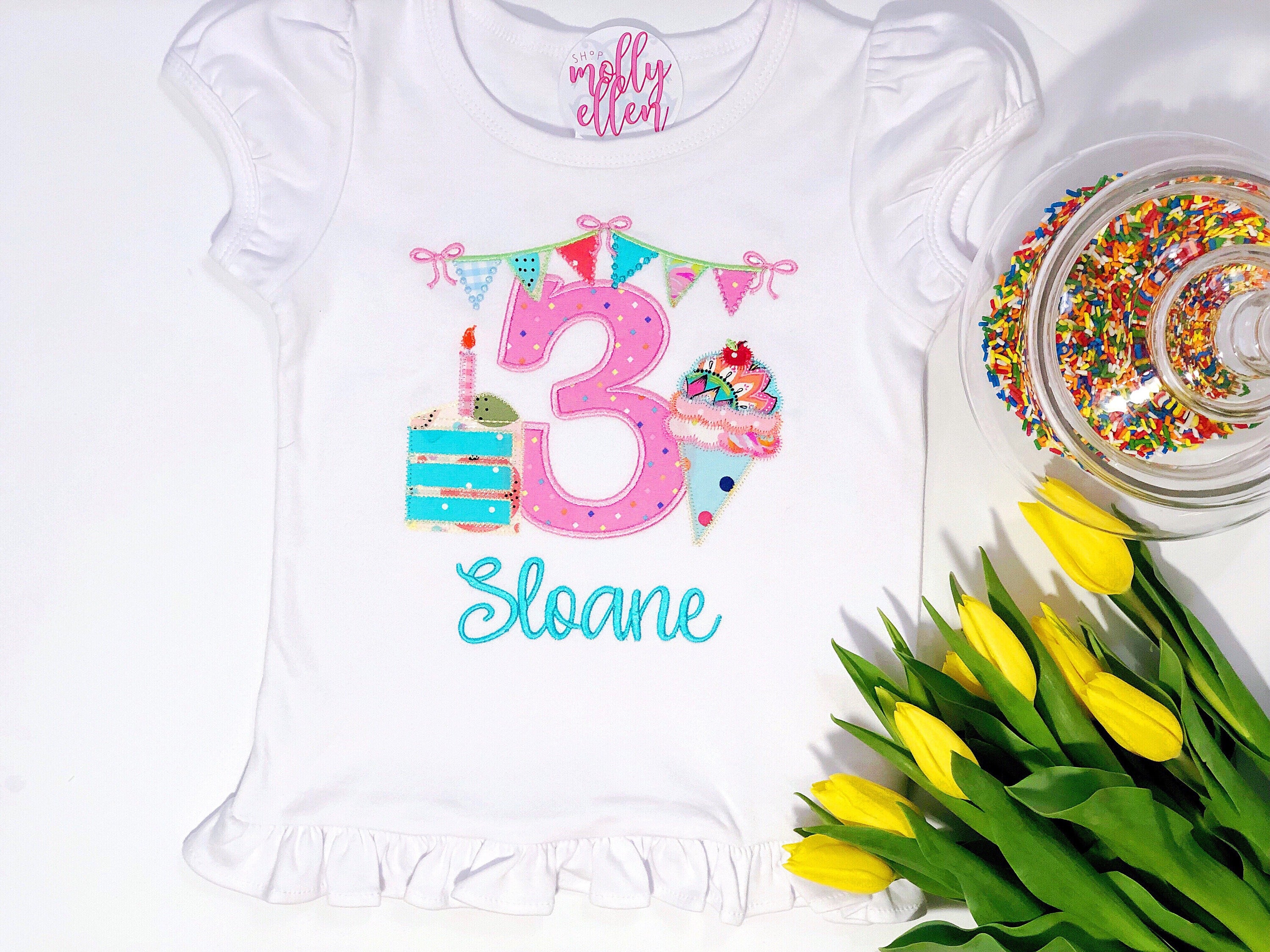 Girls Monogrammed Birthday Shirt - Birthday Cake - Ice Cream - Personalized Kids Birthday Shirt - Applique Shirt - Ruffle Tee - 3rd Birthday