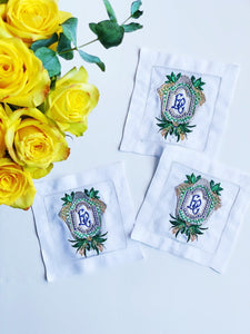 Custom Wedding Crest Linen Cocktail Napkins - Wedding Crest Coasters - Monogrammed - Embroidered - Wedding Gift - Custom Embroidery