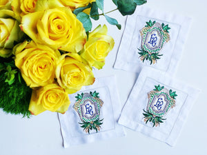 Custom Wedding Crest Linen Cocktail Napkins - Wedding Crest Coasters - Monogrammed - Embroidered - Wedding Gift - Custom Embroidery