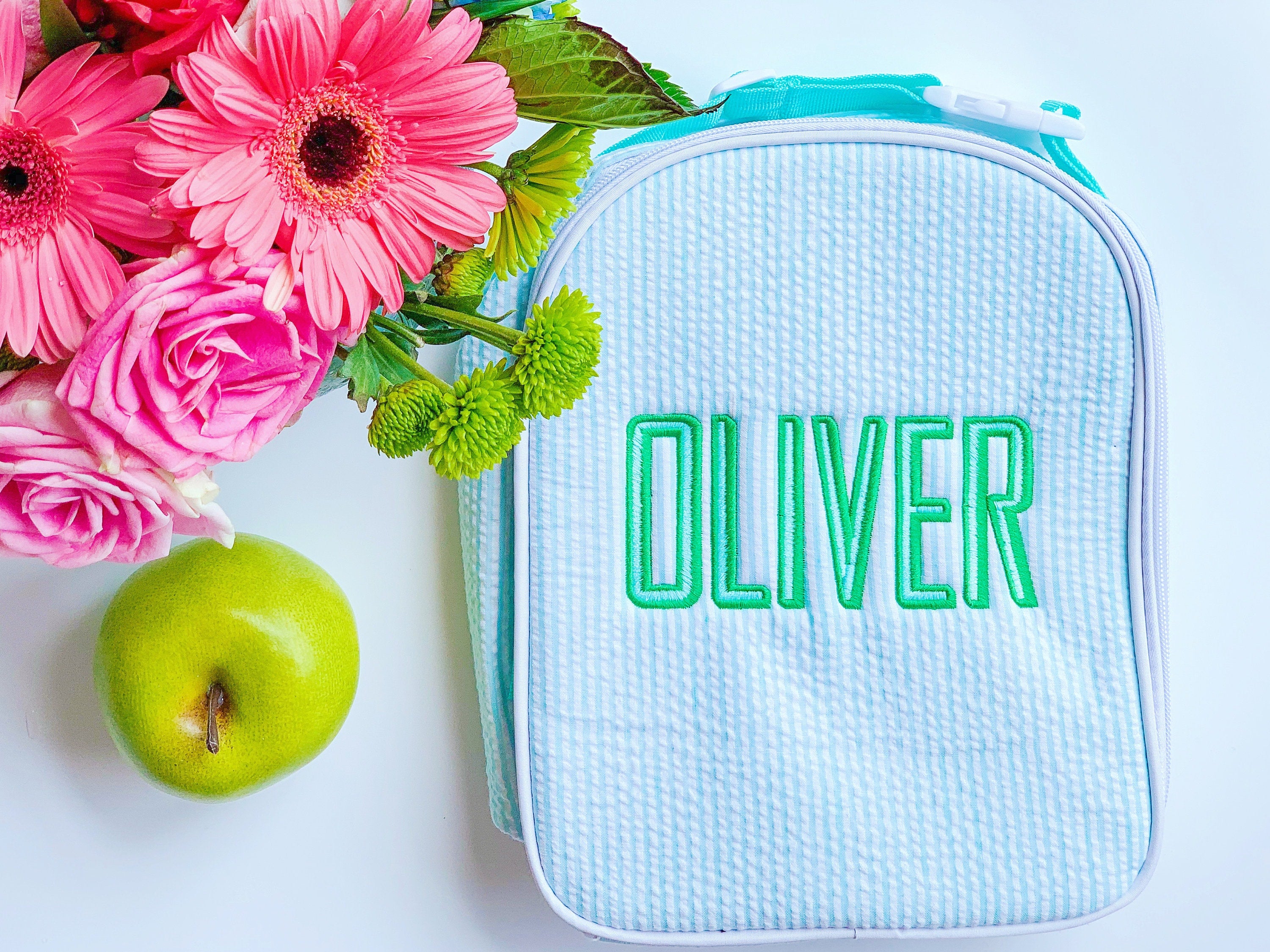 Monogrammed Seersucker Lunchbox, Seersucker Insulated Lunch Bag, Seersucker Bag, Personalized Lunch Box, Back to School