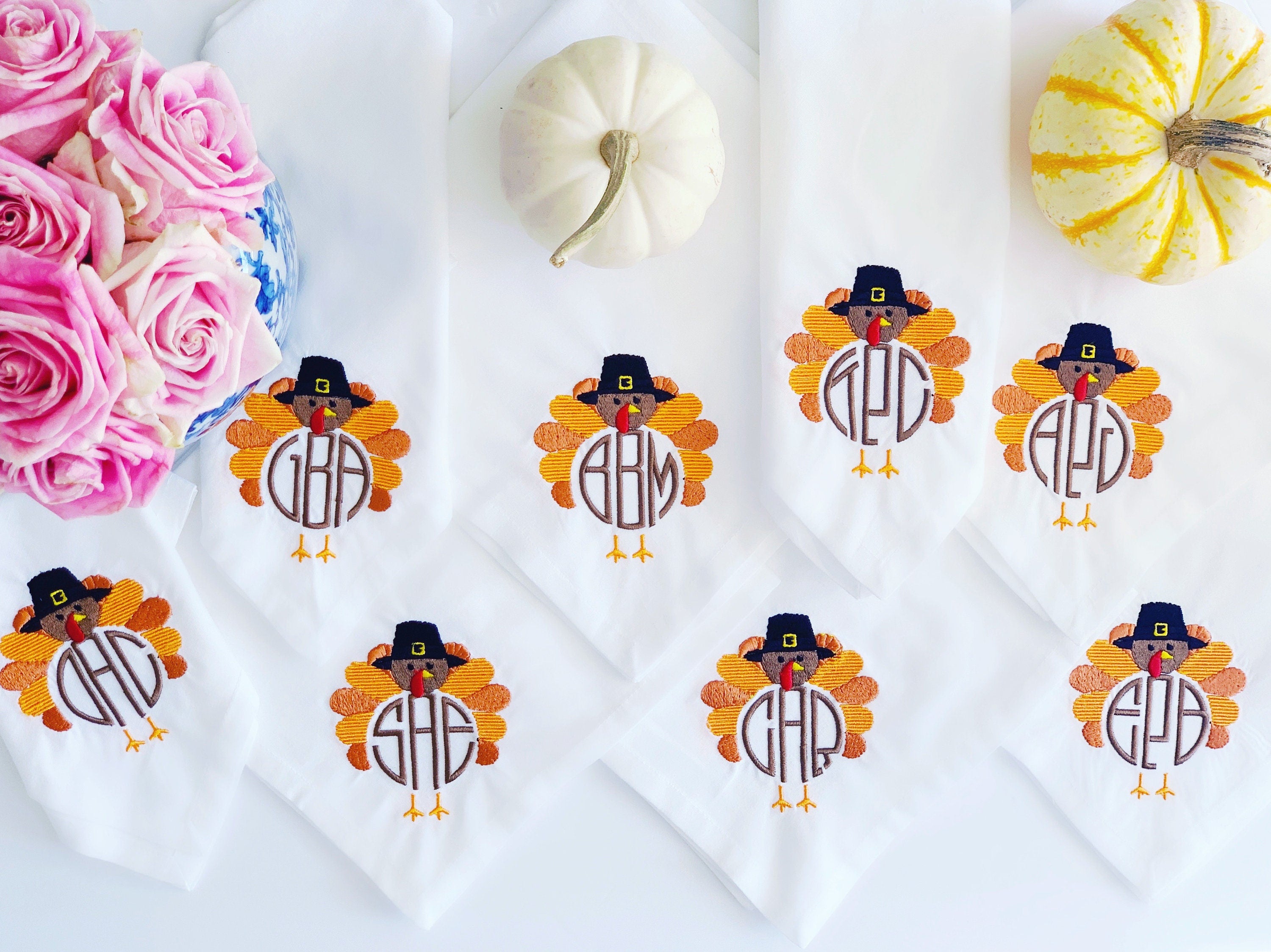 Thanksgiving Monogrammed Dinner Napkins, Embroidered Linen Napkins, Personalized Cloth Napkins, Embroidered Napkins, Custom Napkins