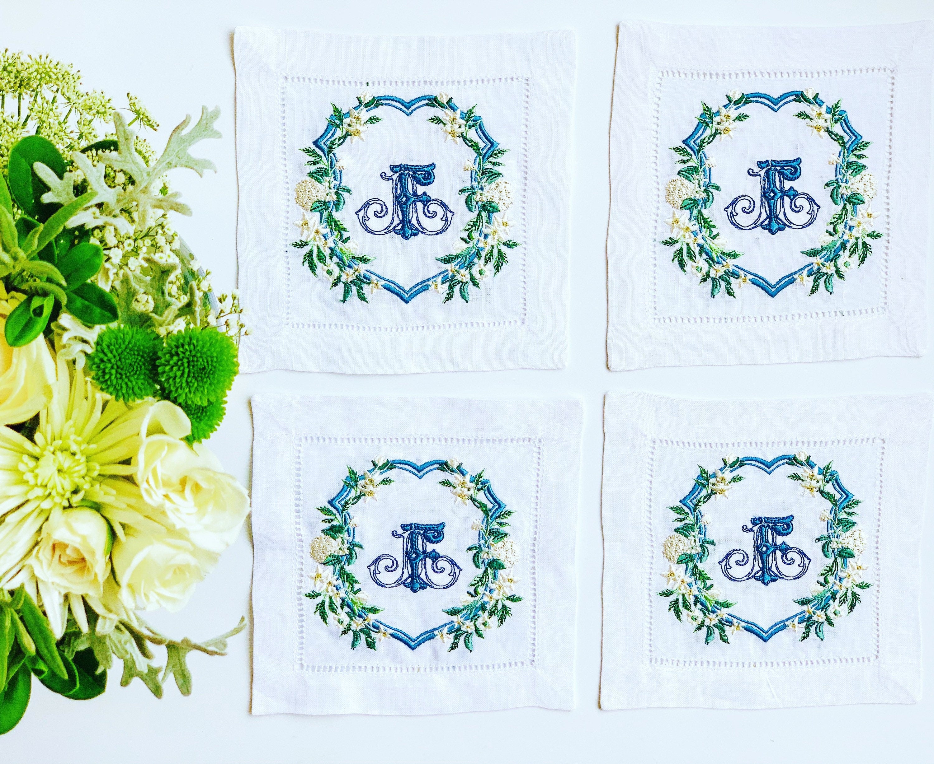 Custom Wedding Crest Linen Cocktail Napkins - Wedding Crest Coasters - Monogrammed - Embroidered - Wedding Gift - Custom Embroidery