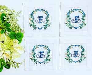 Custom Wedding Crest Linen Cocktail Napkins - Wedding Crest Coasters - Monogrammed - Embroidered - Wedding Gift - Custom Embroidery