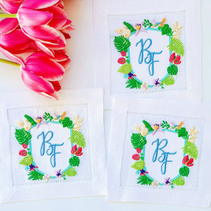 Custom Wedding Crest Linen Cocktail Napkins - Wedding Crest Coasters - Monogrammed - Embroidered - Wedding Gift - Custom Embroidery