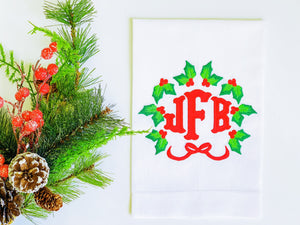 Monogrammed Christmas Linen Tea Towel, Personalized Hand Towel, Housewarming Gift, Christmas Gift, Embroidered, Hostess Gift,