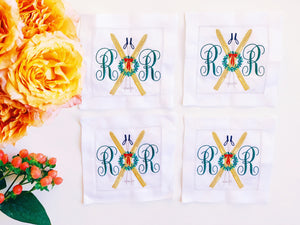 Monogrammed Christmas Cocktail Napkins, Holiday Cocktail Napkins, Embroidered Christmas Linen Coasters, Christmas Gift