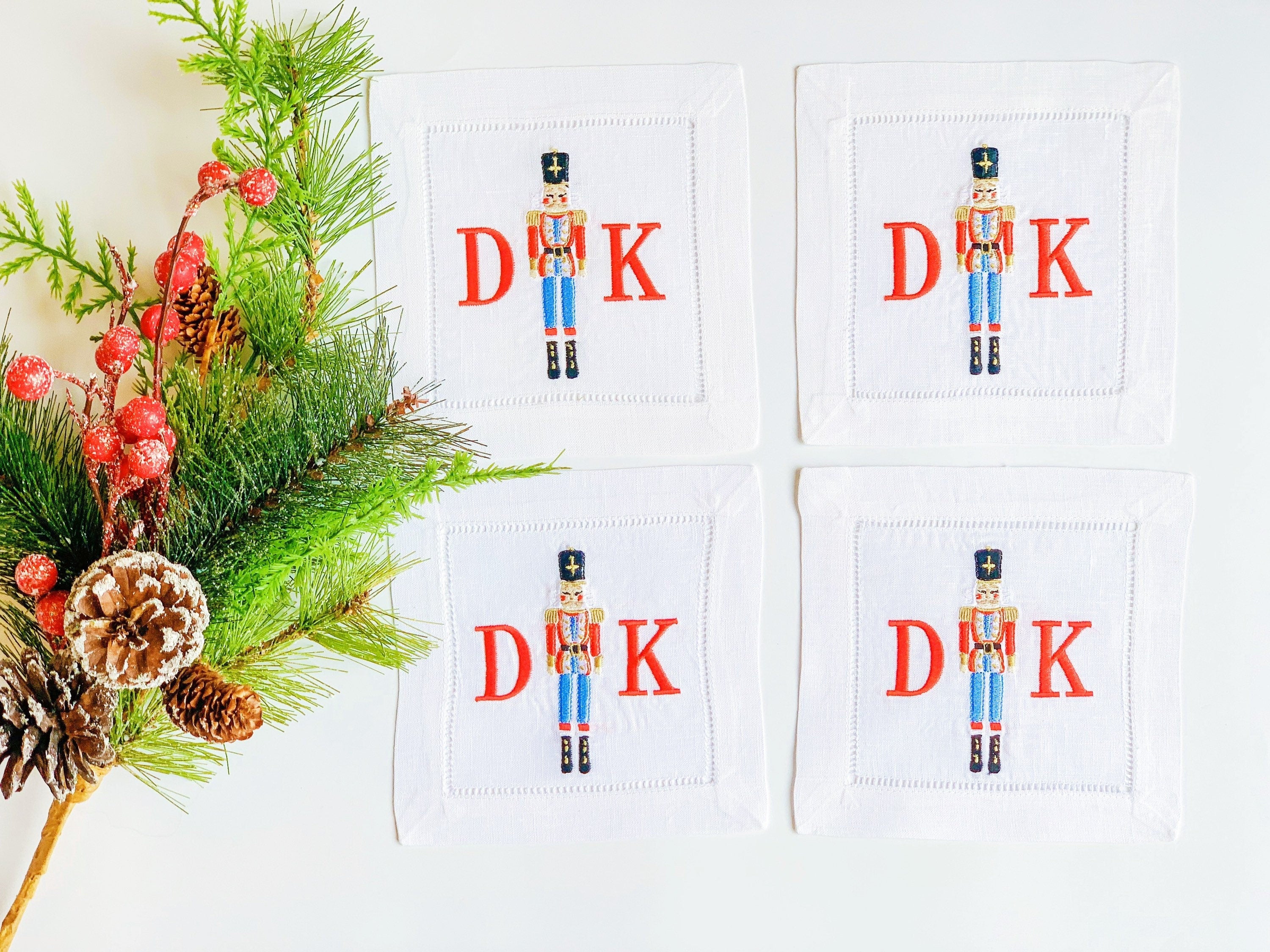 Monogrammed Christmas Cocktail Napkins, Holiday Cocktail Napkins, Embroidered Christmas Linen Coasters, Christmas Gift