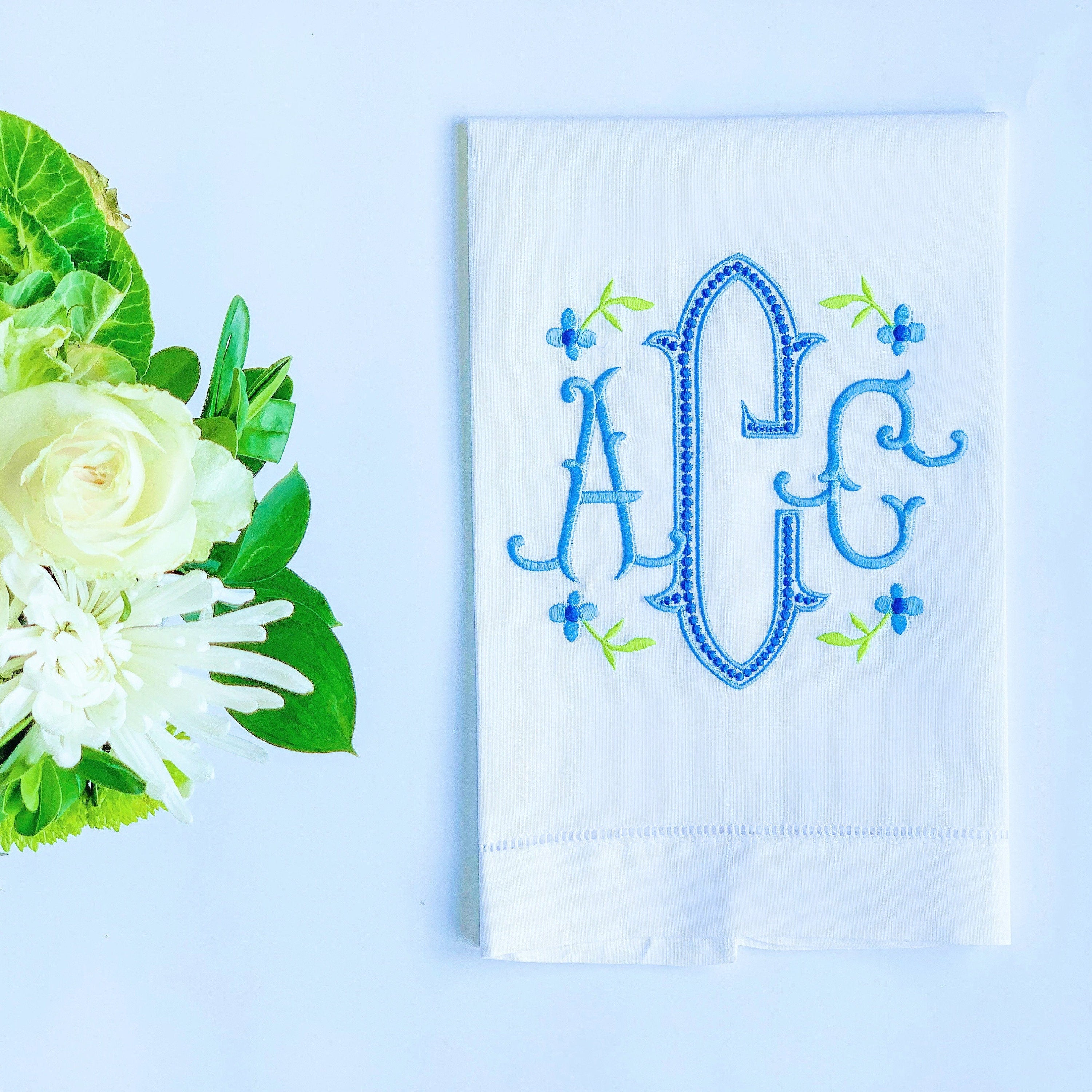 Linen Tea Towel - Monogrammed Linen Tea Towel - Embroidered Guest Towel