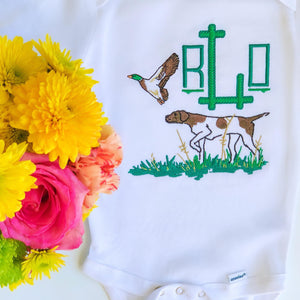 Baby Boy Monogrammed Onesie, Duck Hunting Onesie, Mallard Embroidered Onesie, Baby Shower Gift, Baby Gift, Cotton Onesie