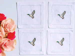 Embroidered Mallard Cocktail Napkins, Monogrammed Linen Napkins, Housewarming Gift, Wedding Gift, Gifts for Him, Personalized Gift